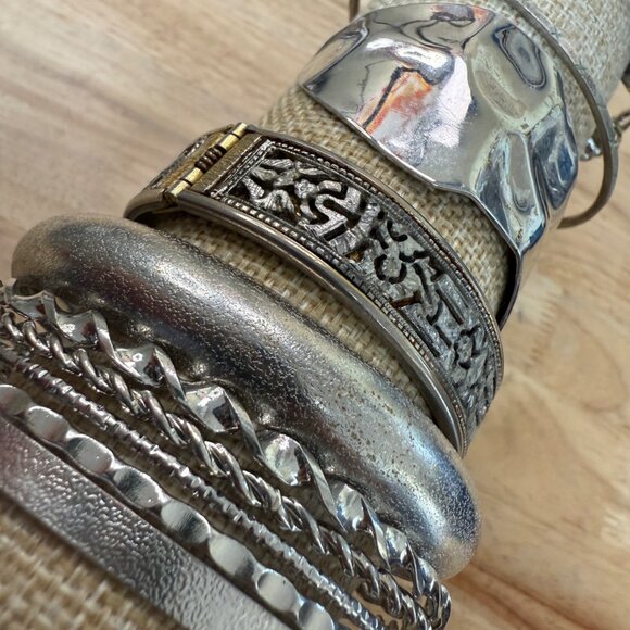 Silver-Toned Mixed Bangle Cuff Bracelet Lot, Boho, Gypsy, Whimsy, Scandi, Goth - Picture 8 of 9